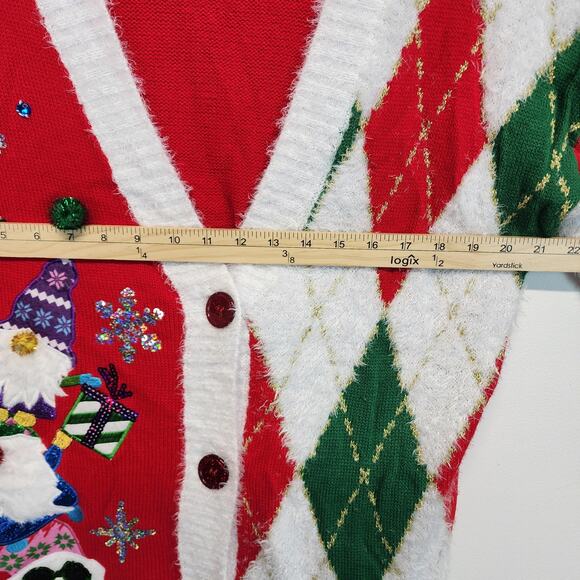 Holiday Time Ugly Christmas Sweater Cardigan Size L Elves Argle V-neck Festive - Picture 6 of 10